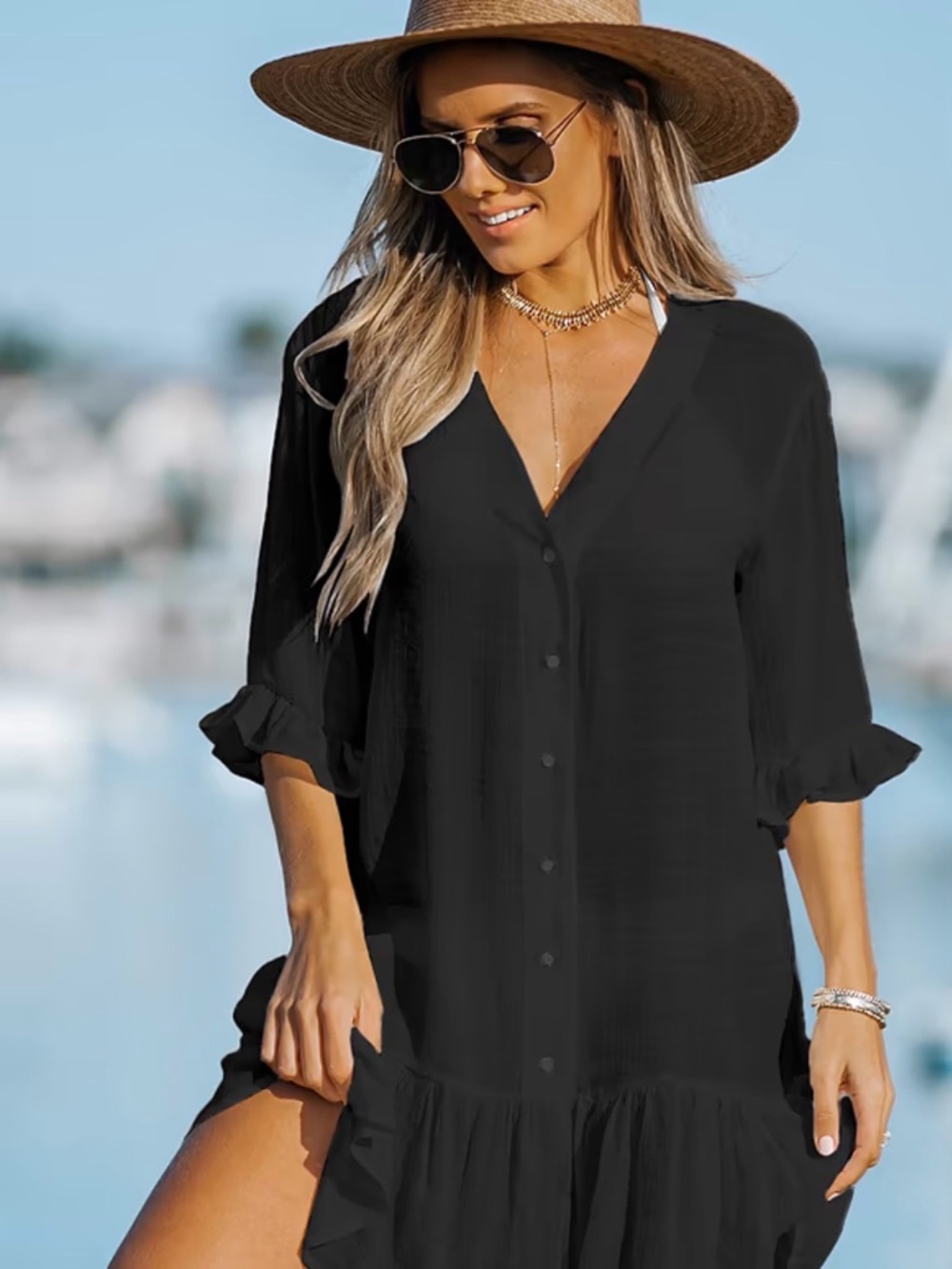 Black Button-Front Women's Swimsuit  Coverup